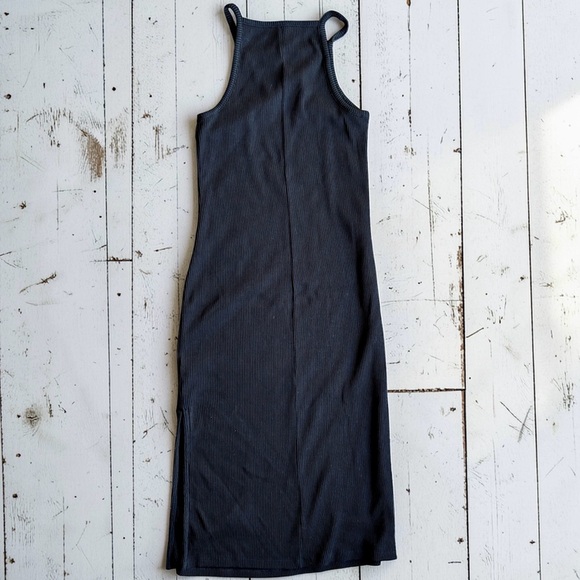 Old Navy Ribbed Black Midi Dress Size Large Sleeveless Bodycon Casual Minimalist - Picture 2 of 8